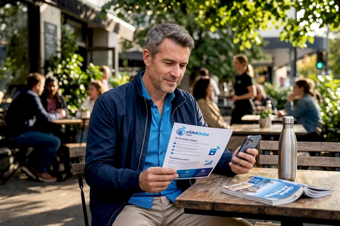 Traveler reviewing SIM card benefits in park
