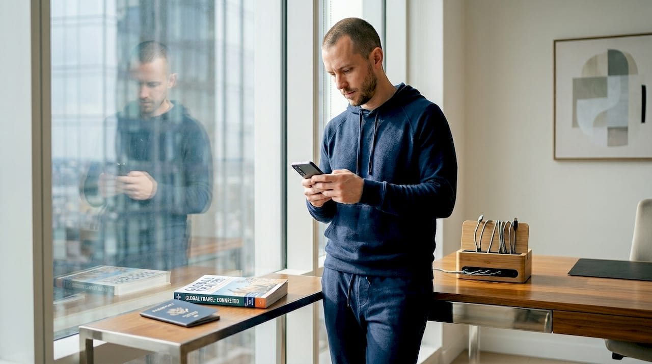 Man activating eSIM on smartphone near window