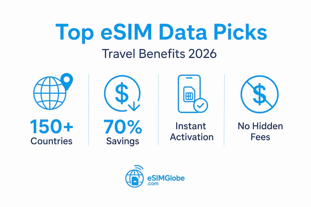 Infographic highlighting best 2026 eSIM travel benefits