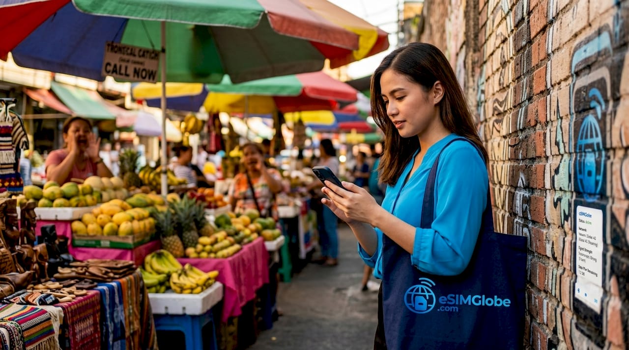 Woman checks mobile signal on Manila street