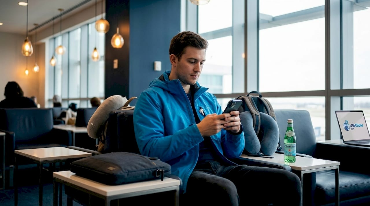 Traveler waiting for eSIM activation in airport