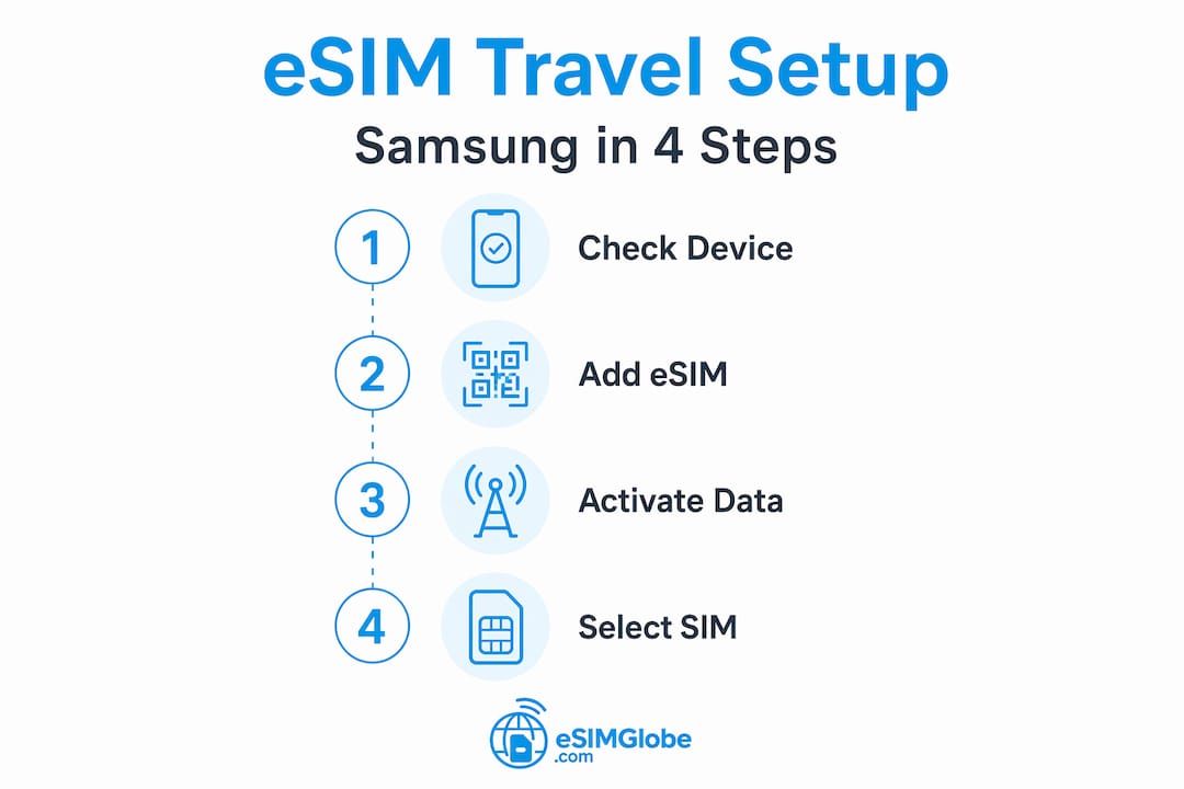 Infographic of 4 steps for Samsung eSIM travel setup