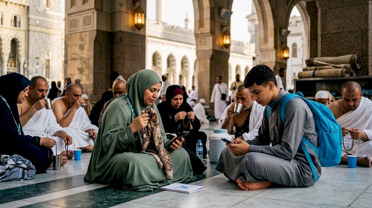 Pilgrims checking phone signal outside Grand Mosque