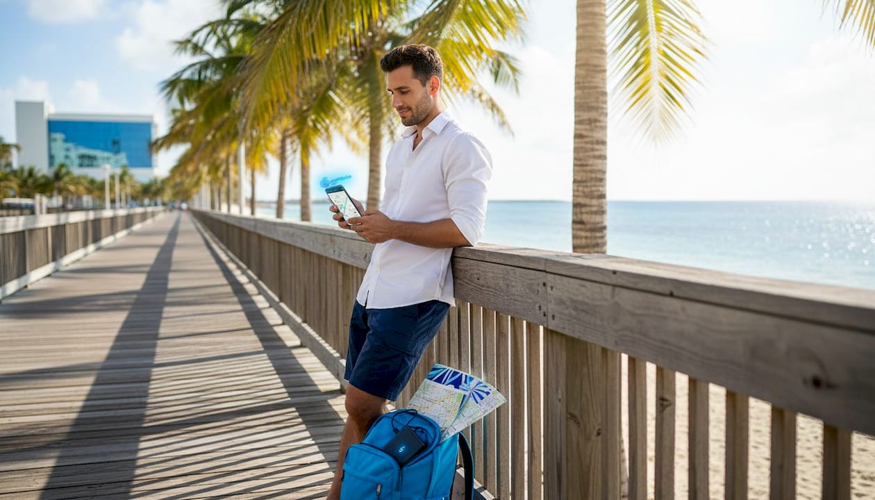 Tourist checks coverage on phone in Nassau