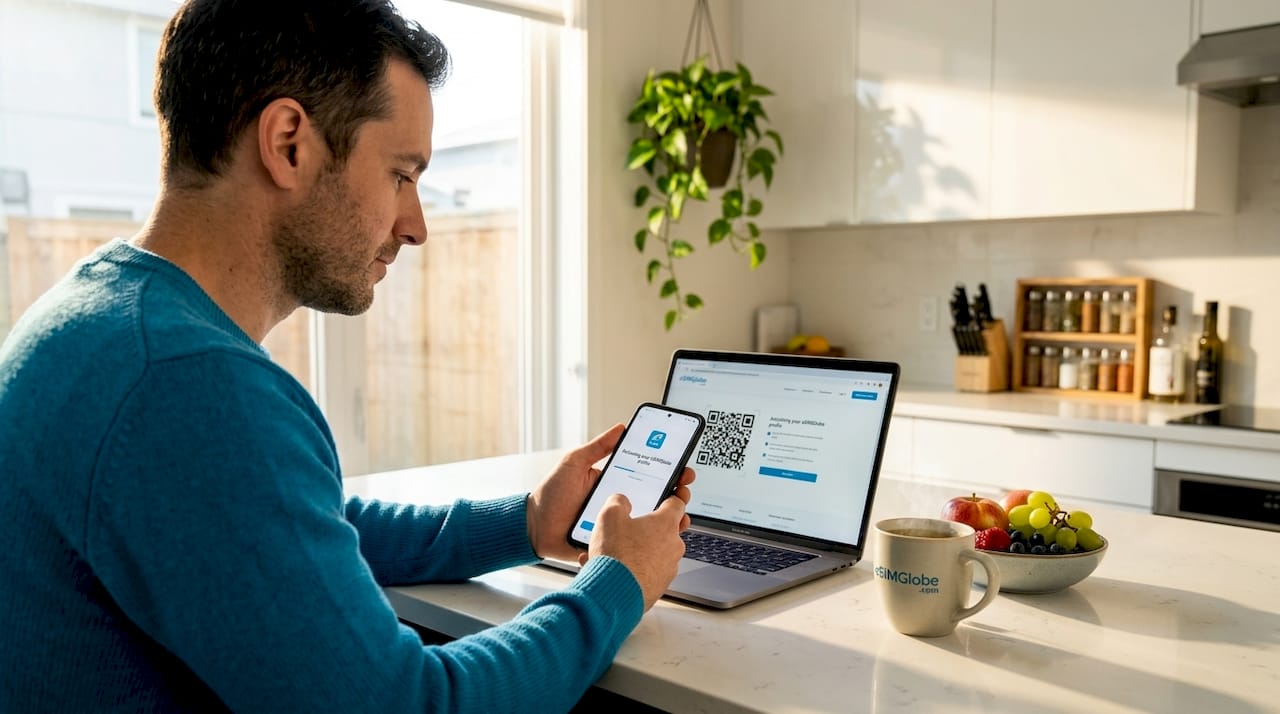 Man activating eSIM on Android at kitchen counter