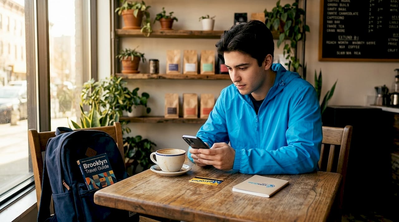 Man using maps app at New York café
