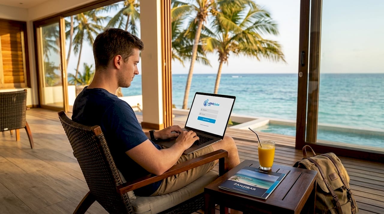 Guest using hotel Wi-Fi in coastal Zanzibar lobby
