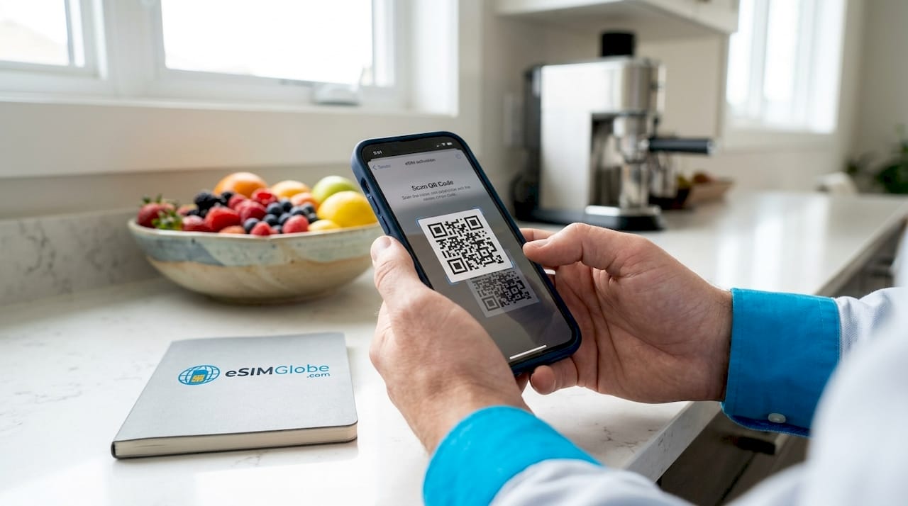 Hands holding phone with eSIM activation QR code