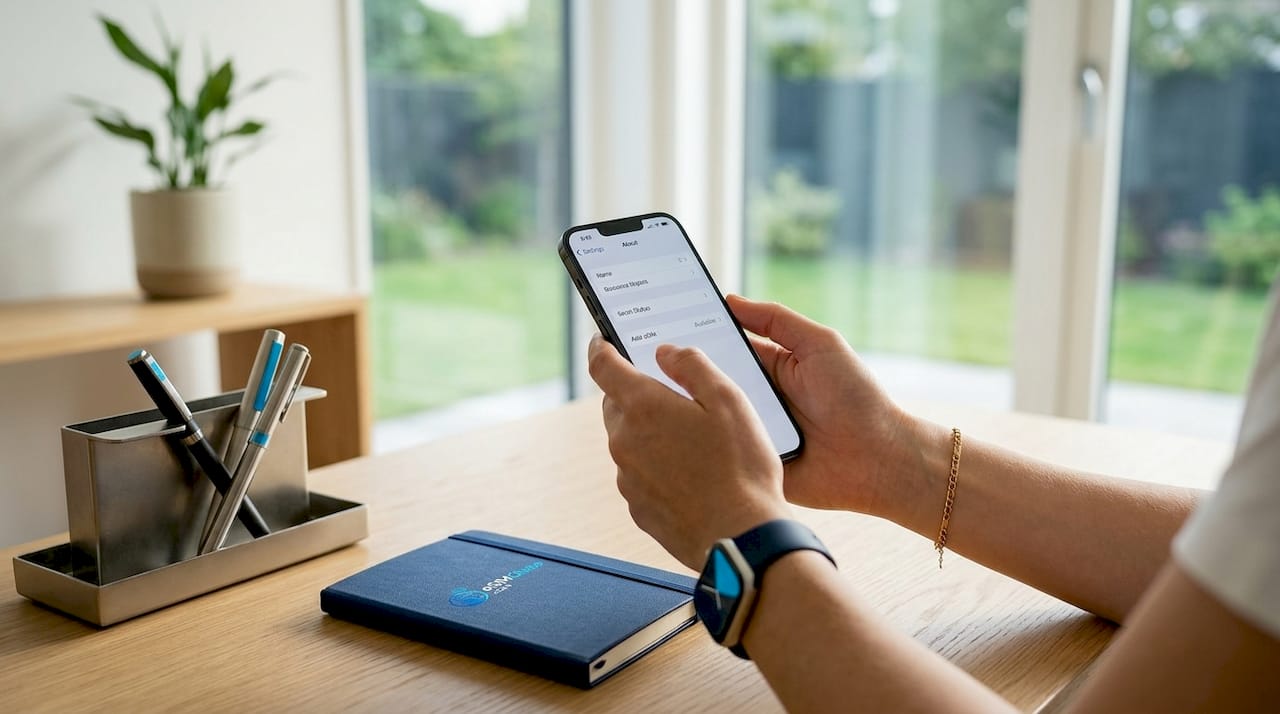 Hands checking smartphone eSIM compatibility in living room
