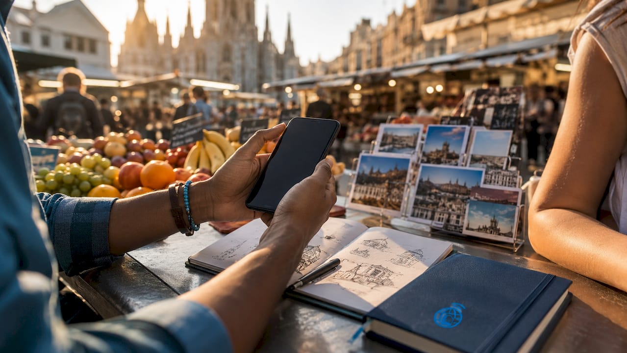 Hands holding phone with travel items in café