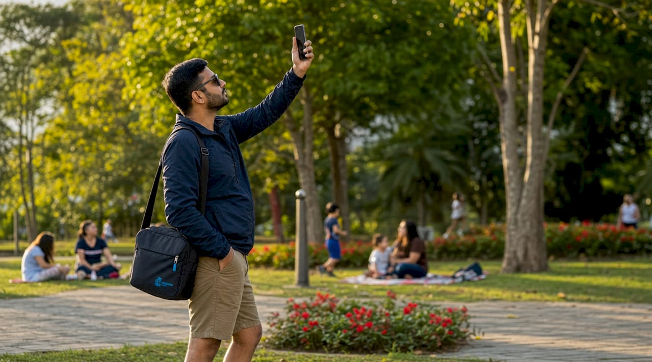 Man testing mobile network signal in Medellín street