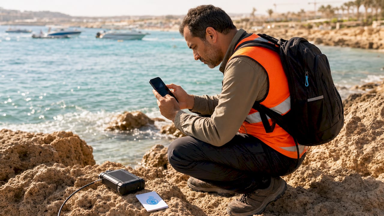 Technician checking mobile signal near Red Sea coast