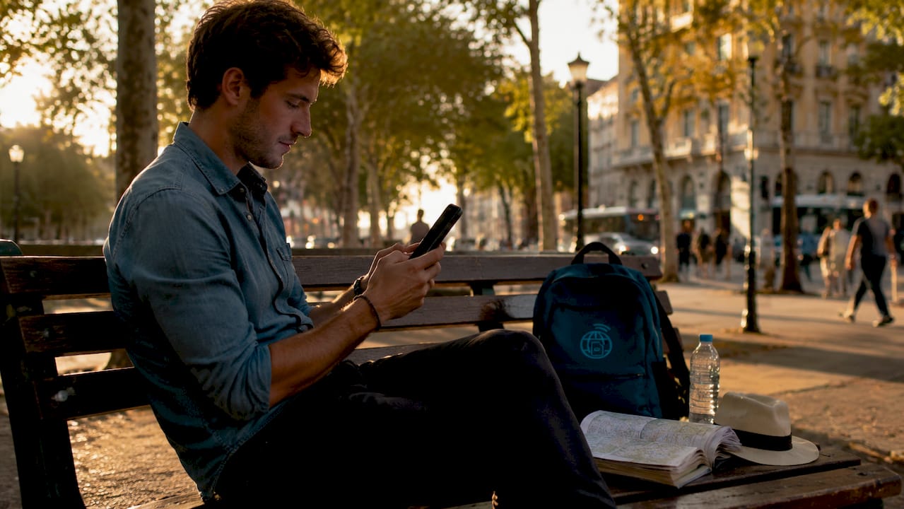 Smartphone showing signal with Argentina guidebook nearby