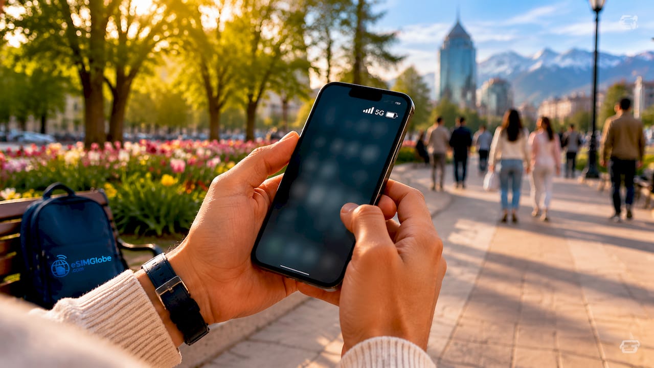 Hands holding phone showing mobile signal in Almaty