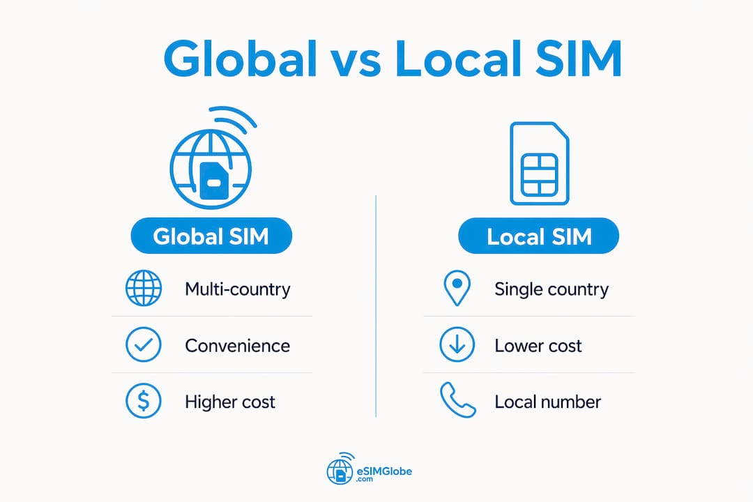 Infographic comparing global and local SIM card advantages and drawbacks