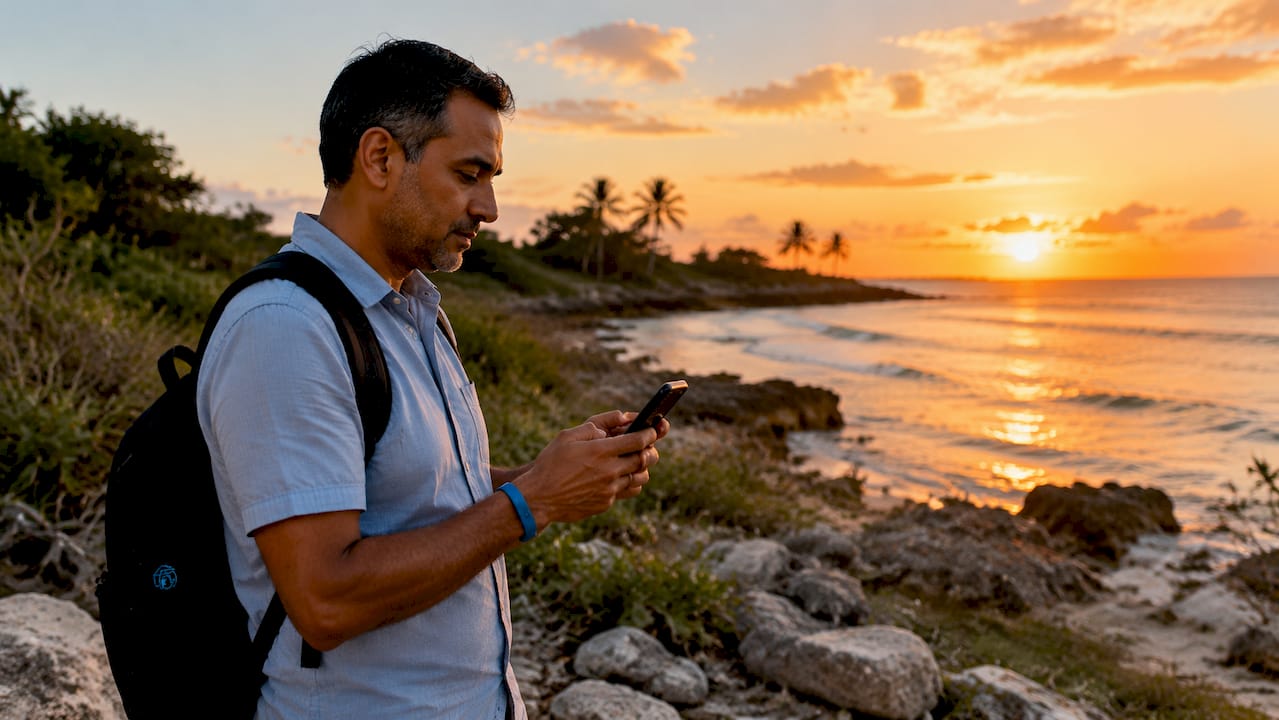 Phone showing signal with Barbados beach background
