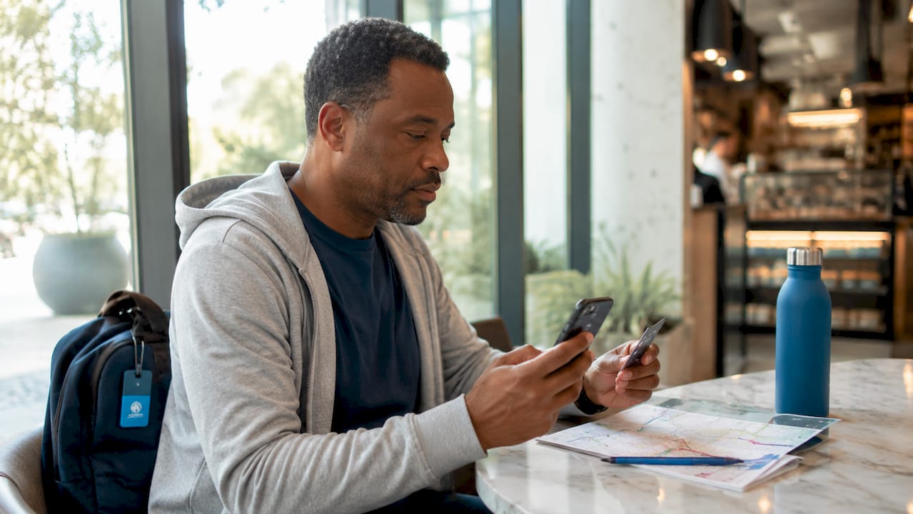 User purchasing Esimglobe eSIM on smartphone indoors