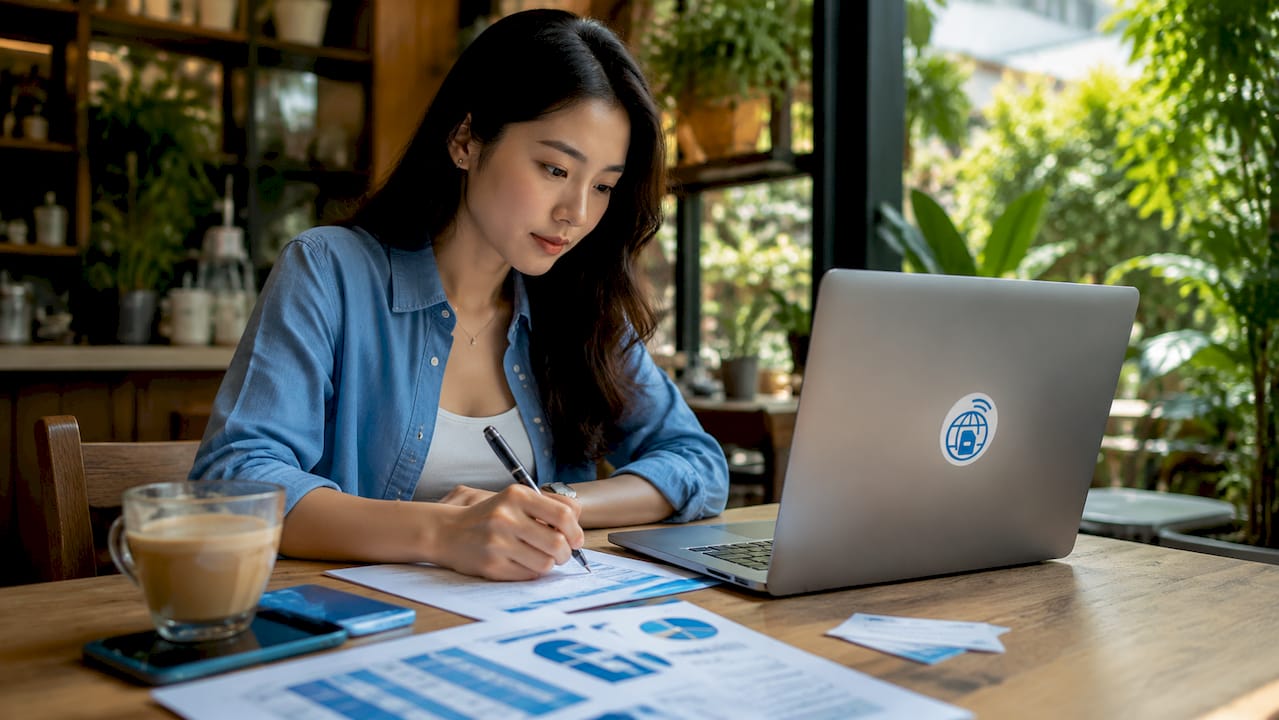 Traveler comparing eSIM plans at hotel desk