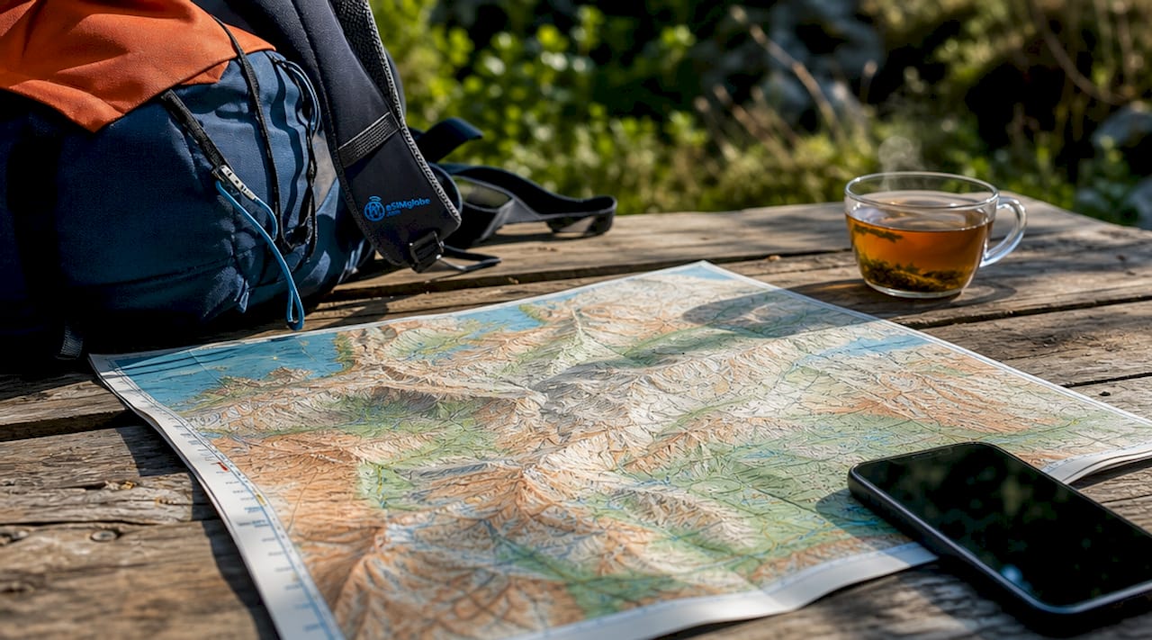 Map of Jordan with travel accessories overhead