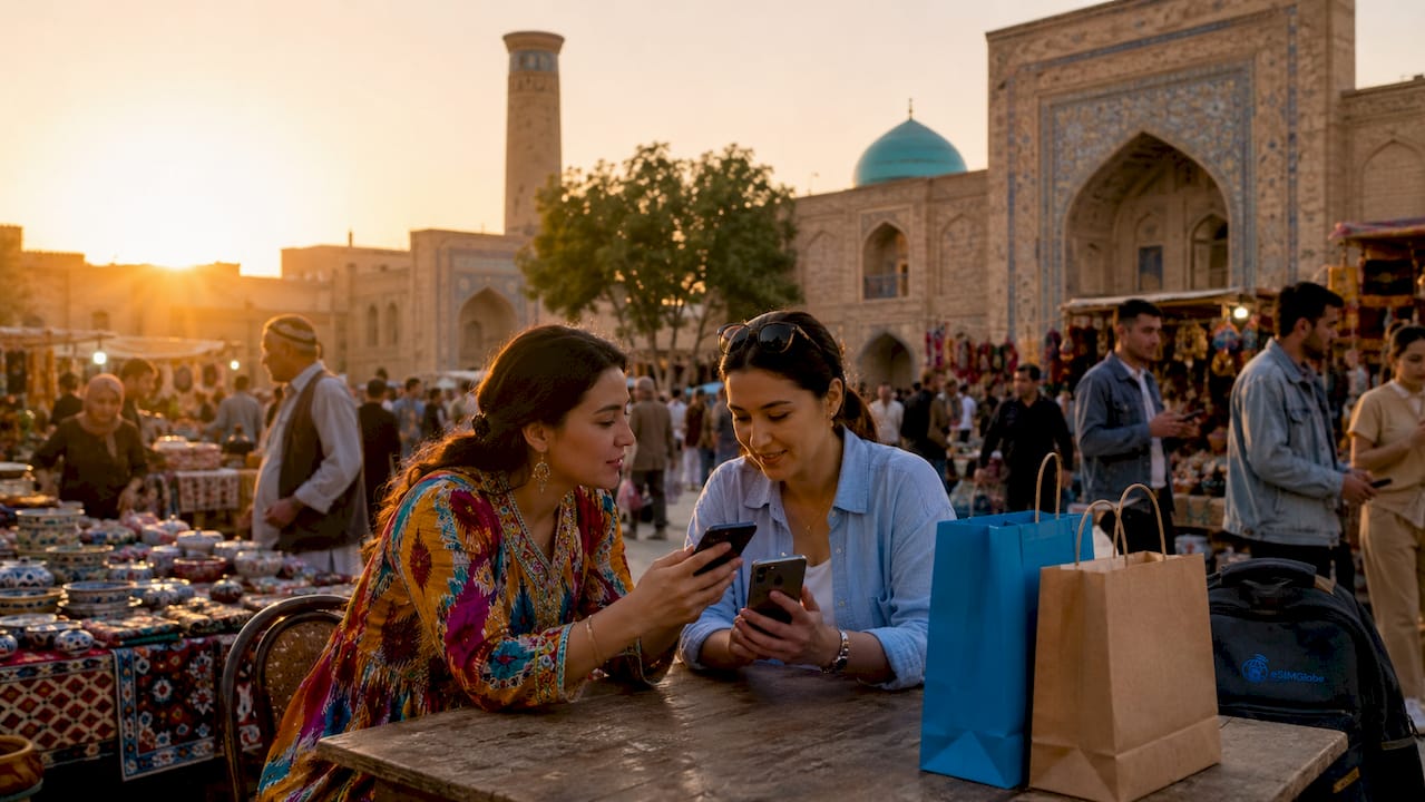 People using mobile phones outdoors in Tashkent café