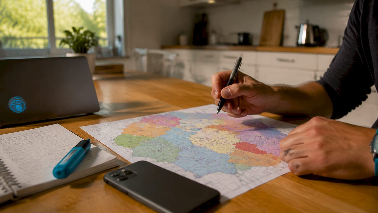 Overhead desk with coverage map and hands planning