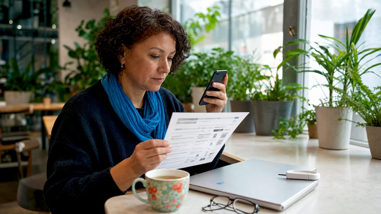 Woman checking device compatibility with travel data plans