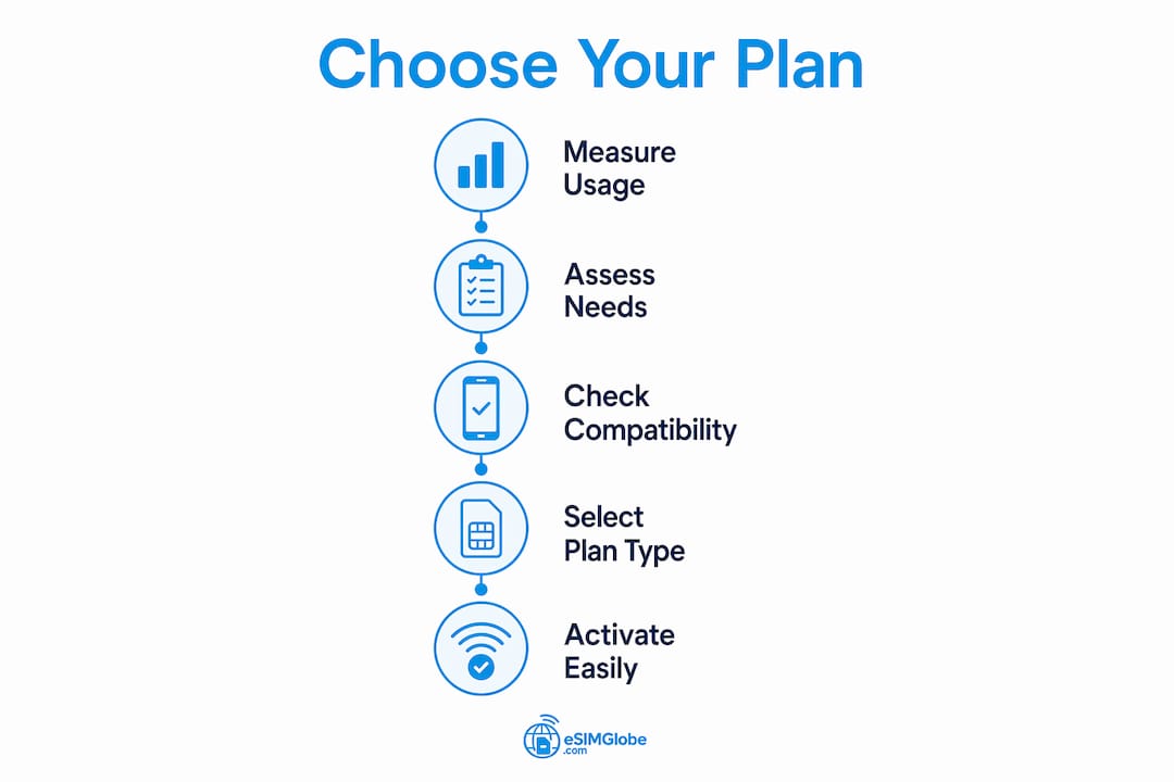 Infographic illustrating steps to select a travel data plan
