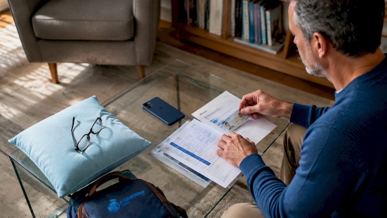 Hands sorting SIM replacement documents at home