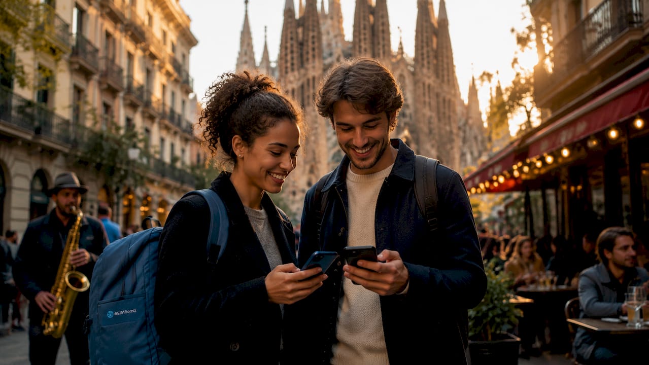 Busy Barcelona street with people using smartphones