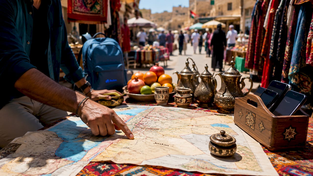Close-up of map of Jordan with hand pointing at Petra