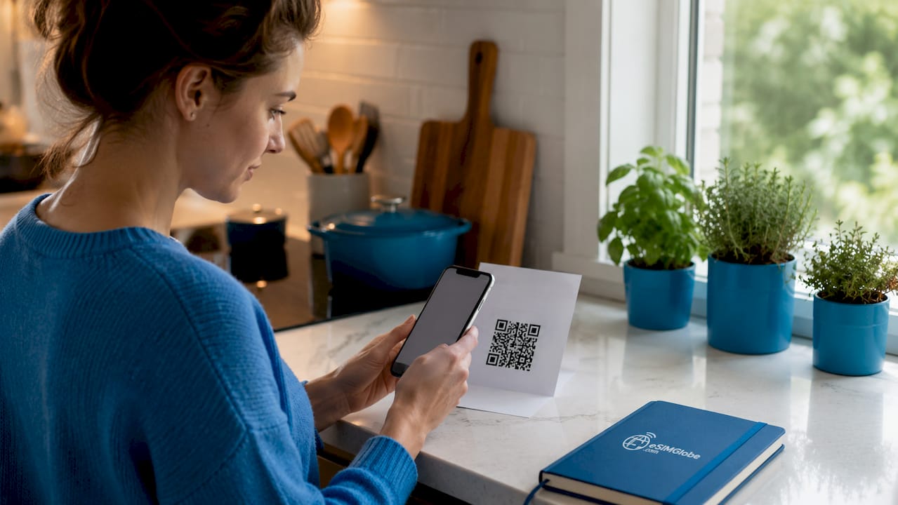 Hands scanning QR code to activate eSIM