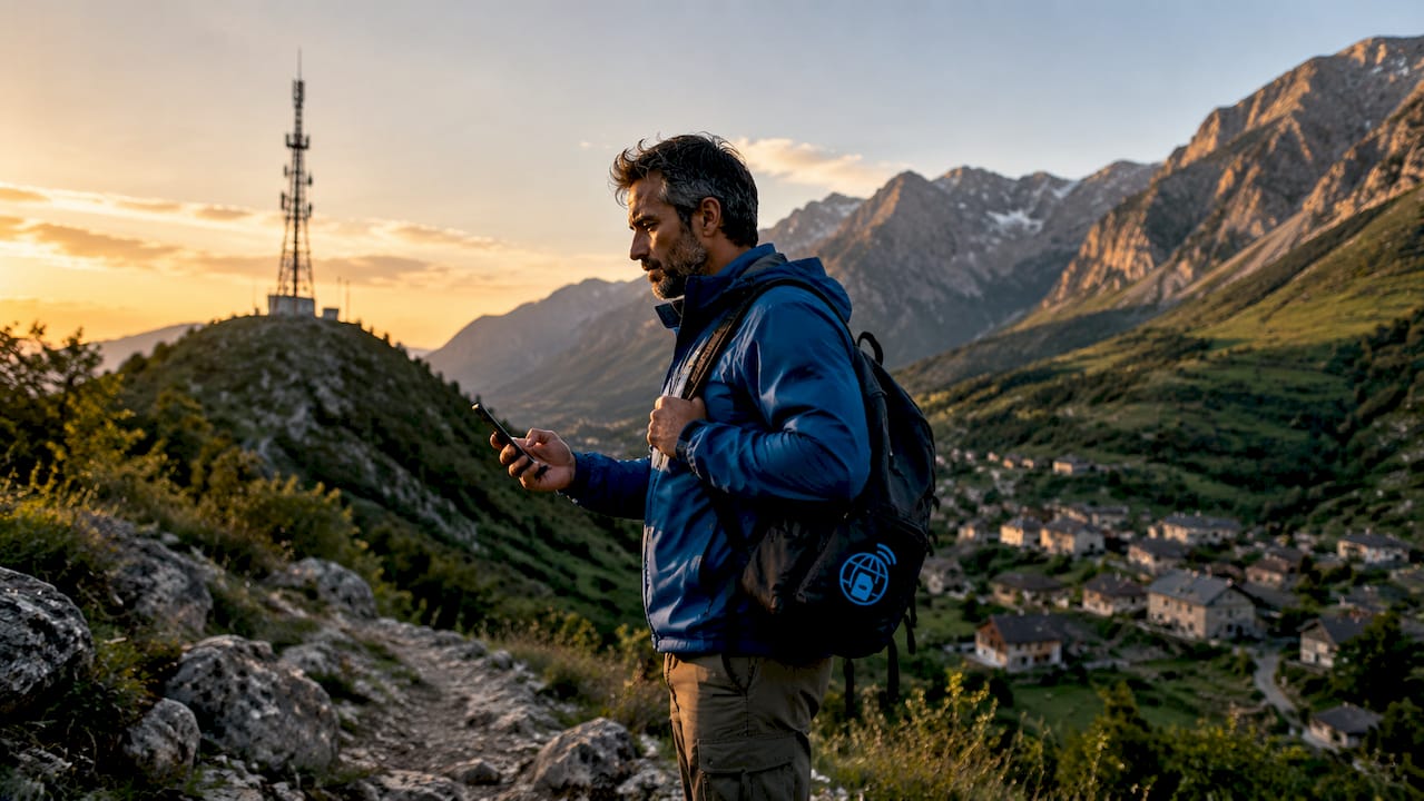 Hiker checking mobile coverage in Albanian mountains