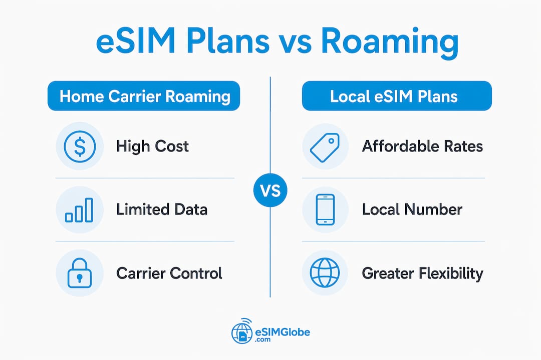 Infographic comparing local eSIM plans and roaming