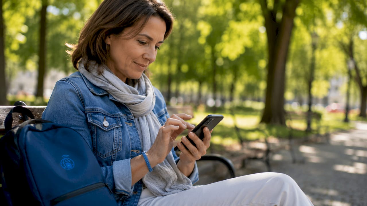 Hands using smartphone outdoors changing eSIM network