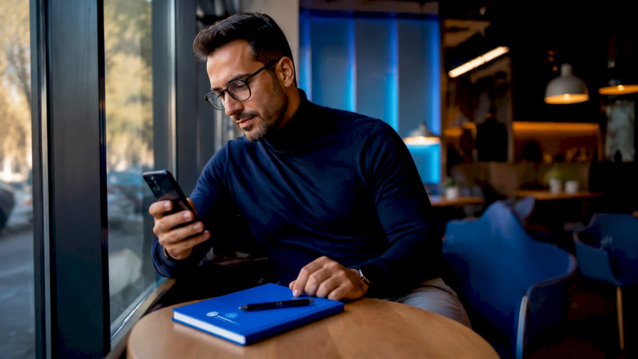 Man comparing eSIM tariffs on tablet at home