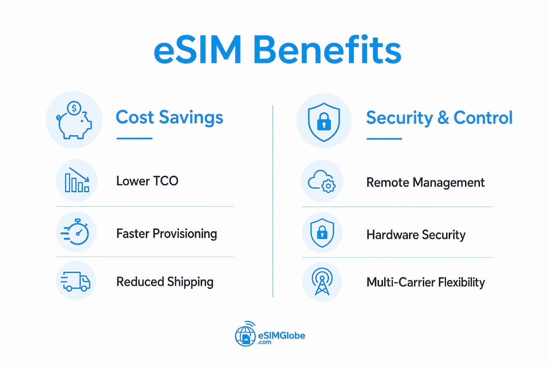 Infographic comparing eSIM cost savings and security benefits