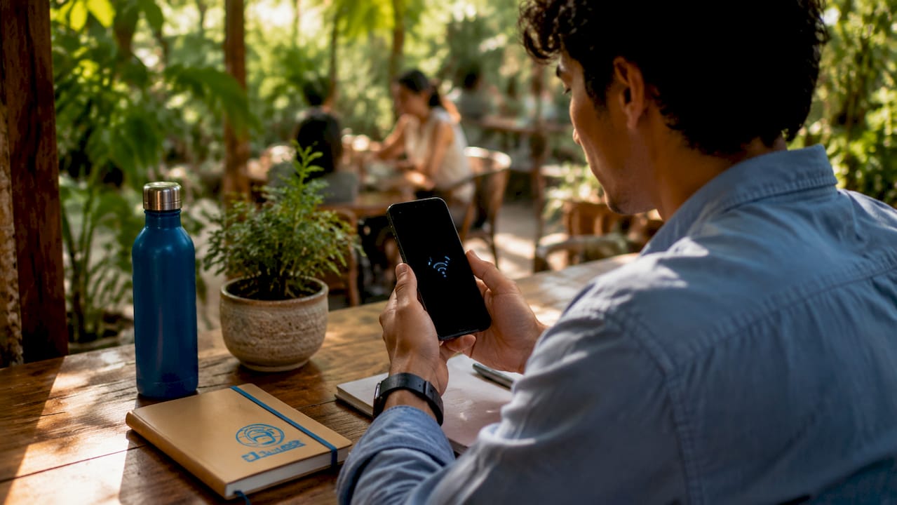 Hands holding phone showing connectivity with travel gear nearby