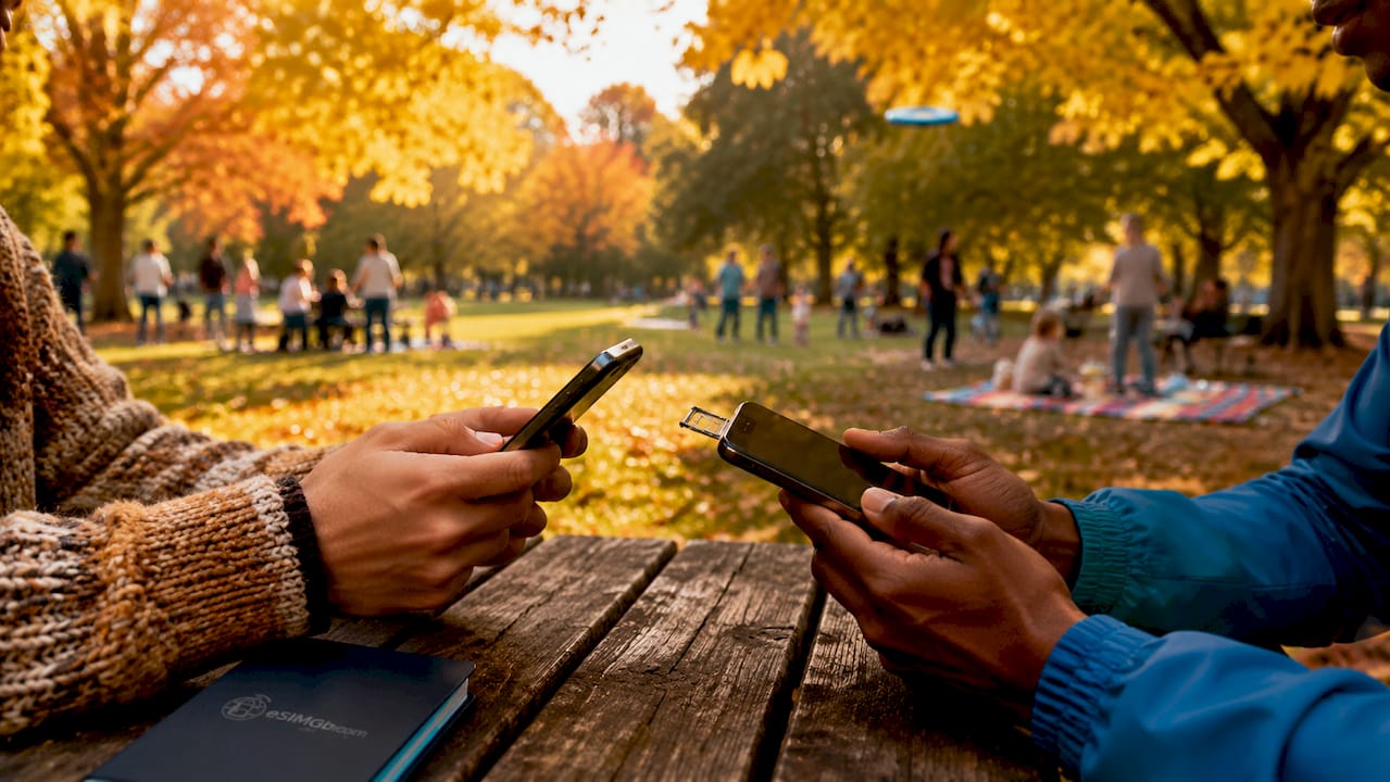 Hands exchanging smartphones highlighting eSIM compatibility