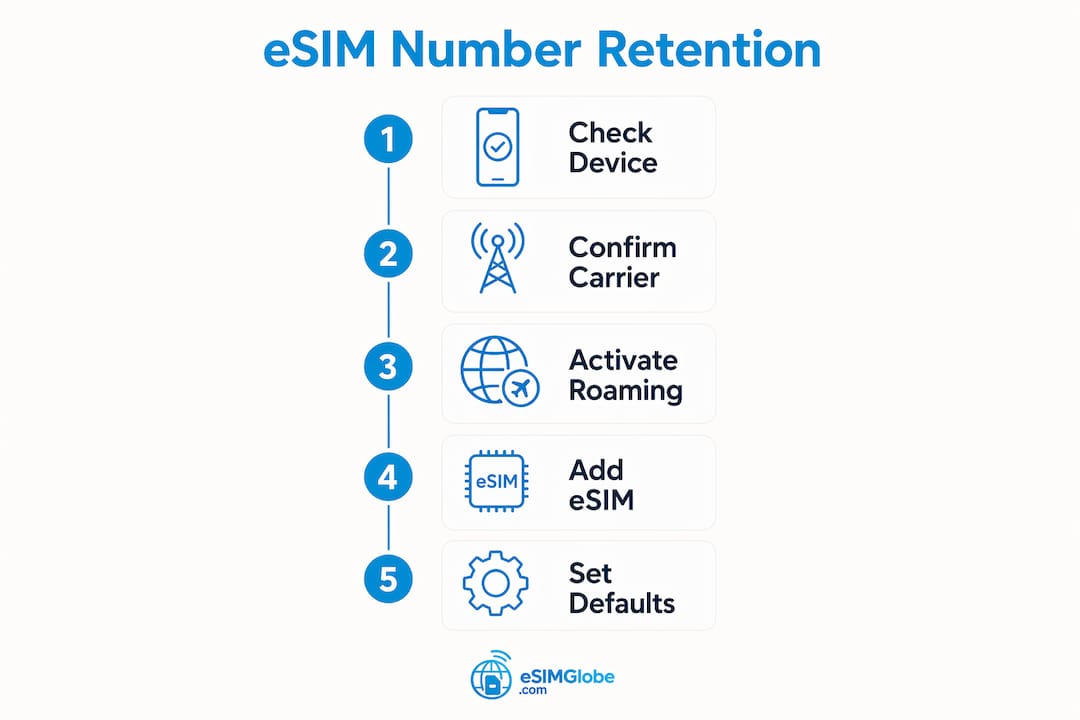 Infographic with step-by-step eSIM number retention process