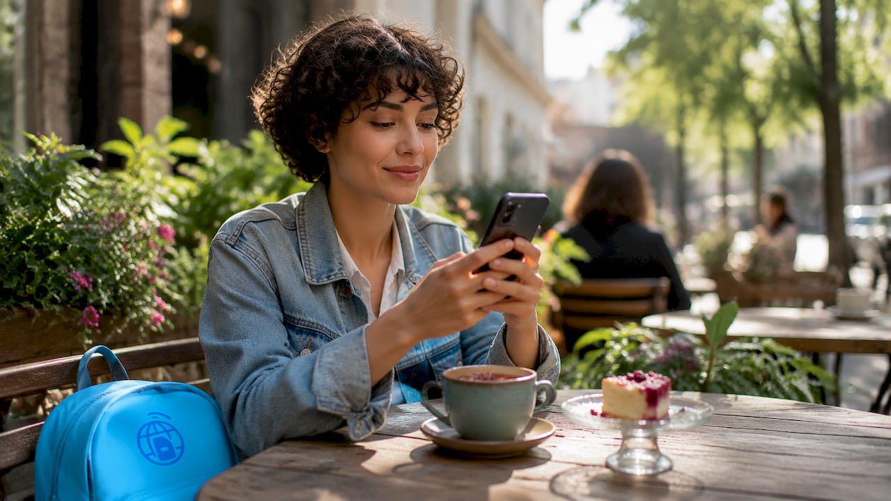 Hands setting up eSIM on smartphone in café
