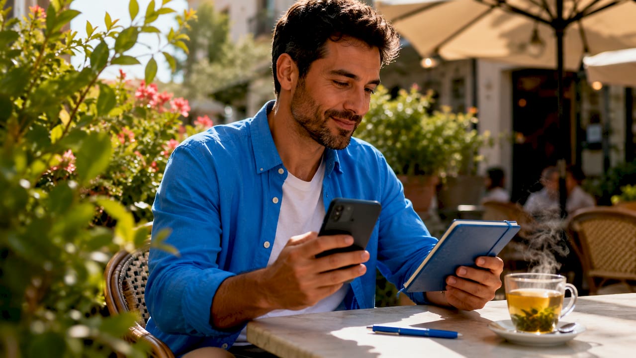 Man reviewing travel itinerary at café table