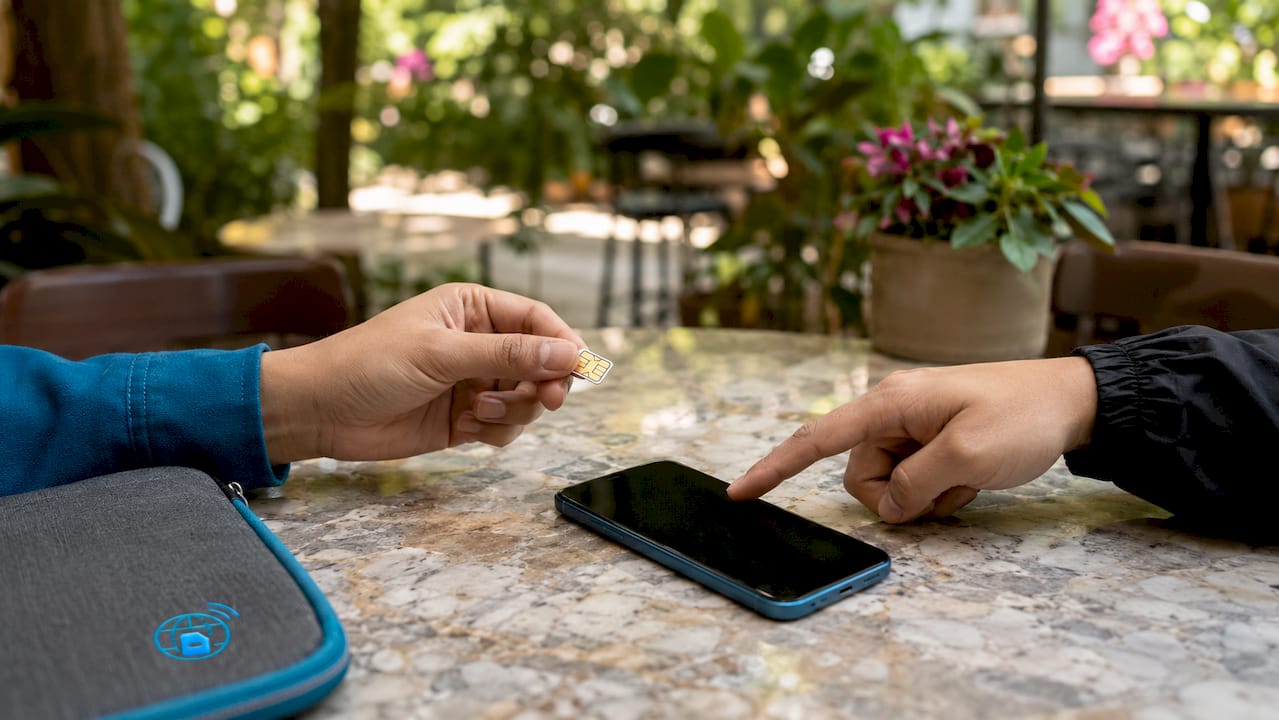 Hands comparing physical SIM card and smartphone eSIM
