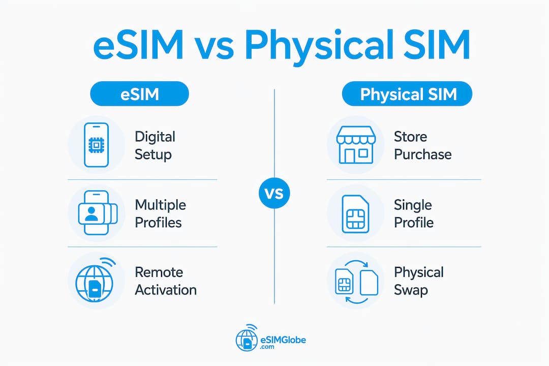 Infographic comparing eSIM and physical SIM features