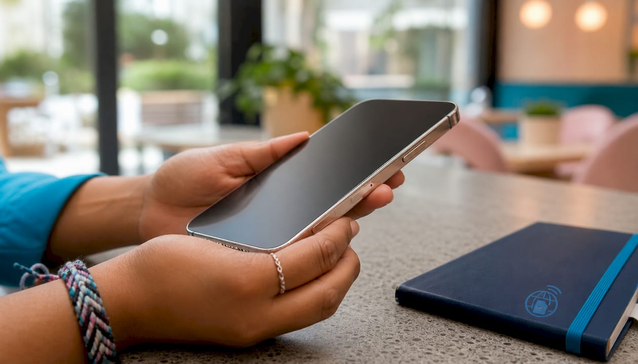 Hands holding eSIM-compatible smartphone close-up