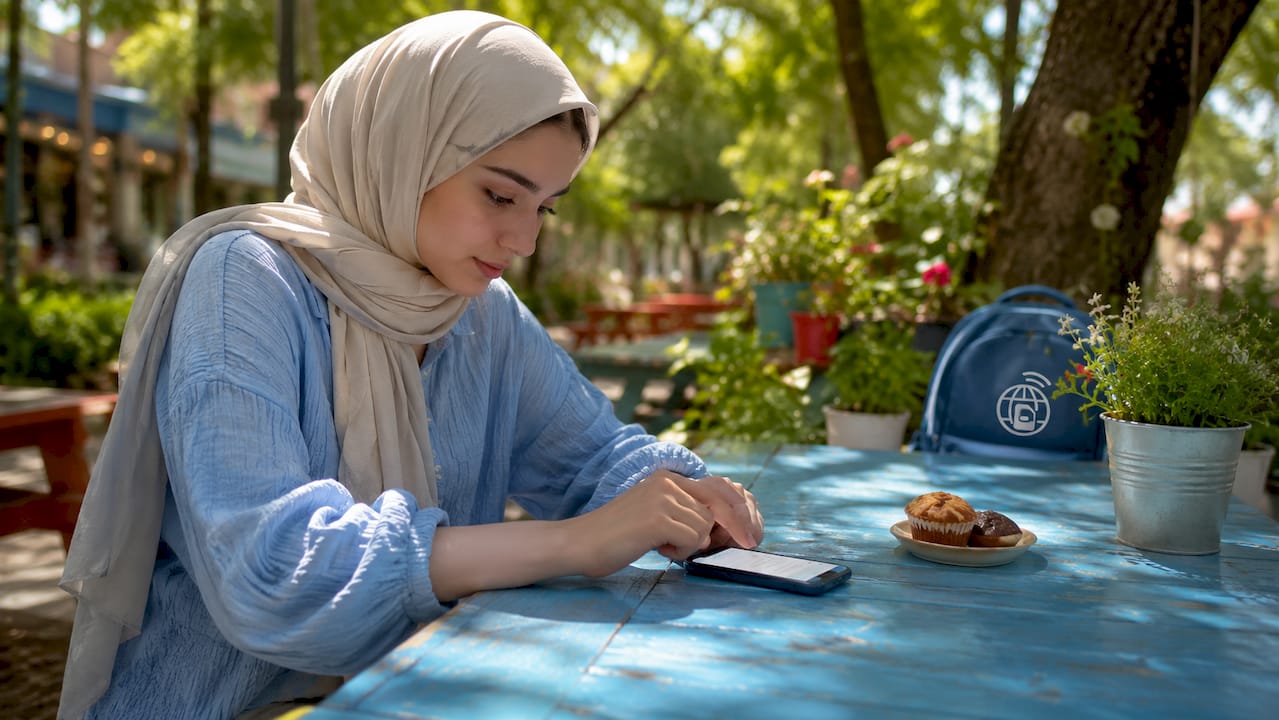 Woman activating eSIM on smartphone at home desk