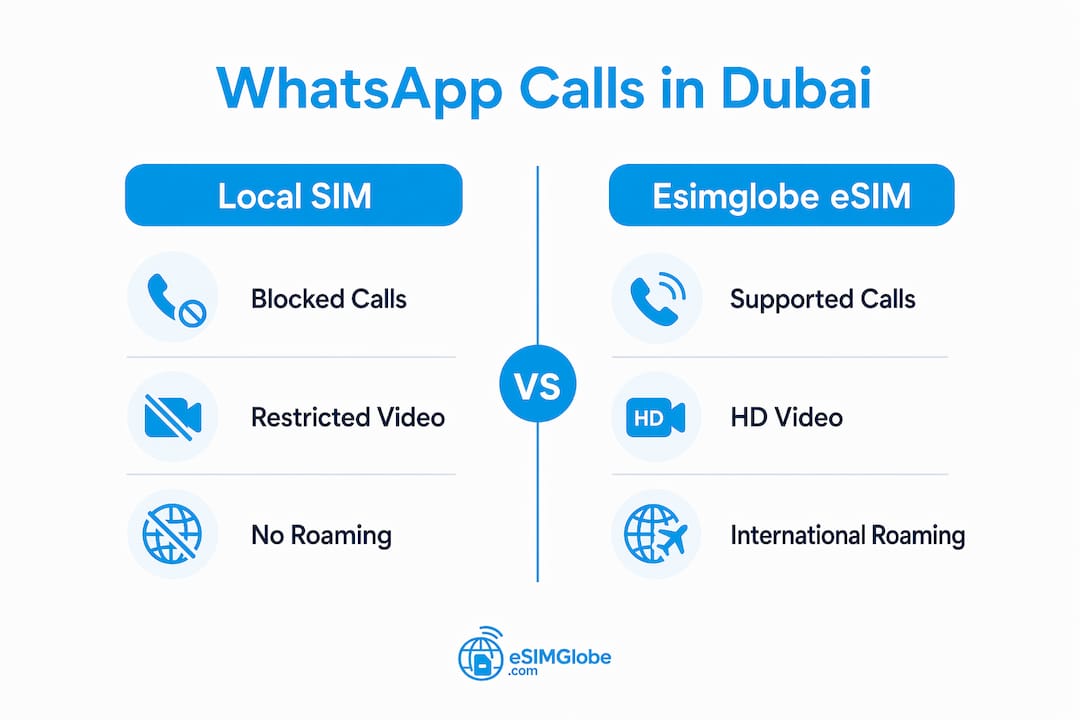 Infographic comparing local SIM vs Esimglobe eSIM for WhatsApp calls