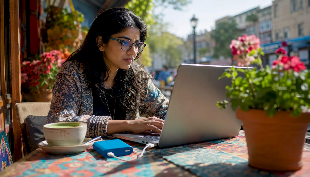 Woman working remotely in coffee shop