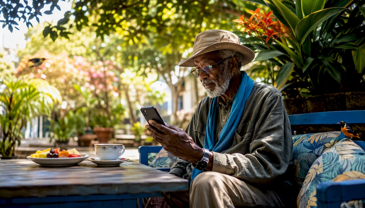 Traveler reviewing eSIM plans in garden setting