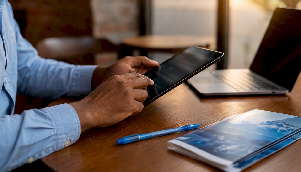 Hands browsing eSIM plans on tablet at desk