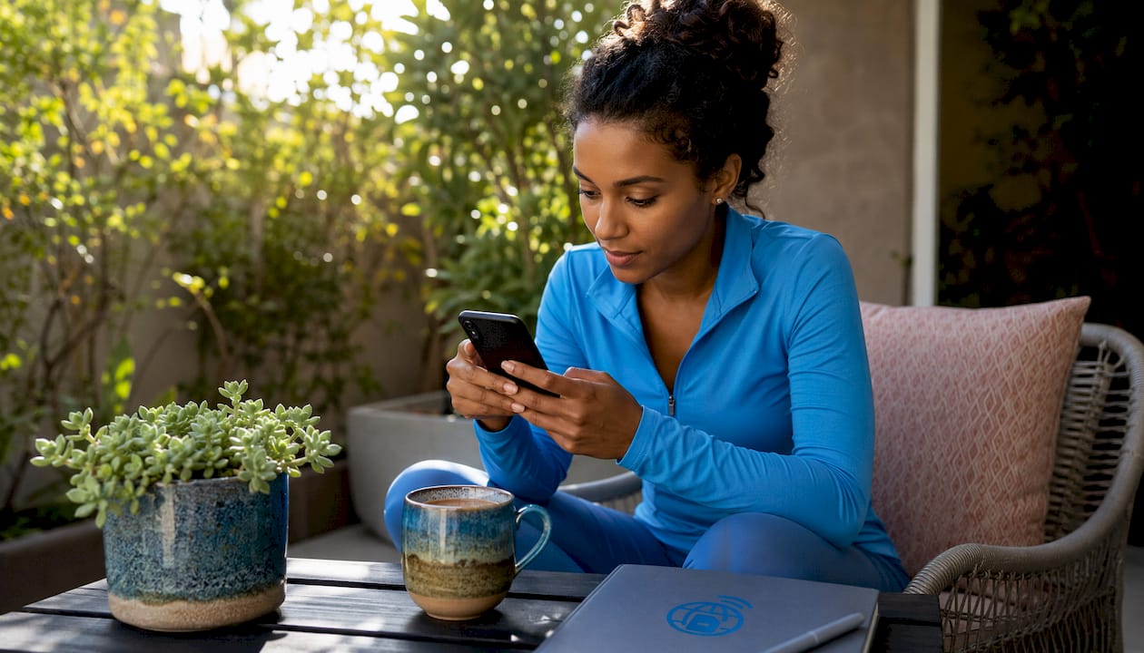 Woman activating eSIM on smartphone at home